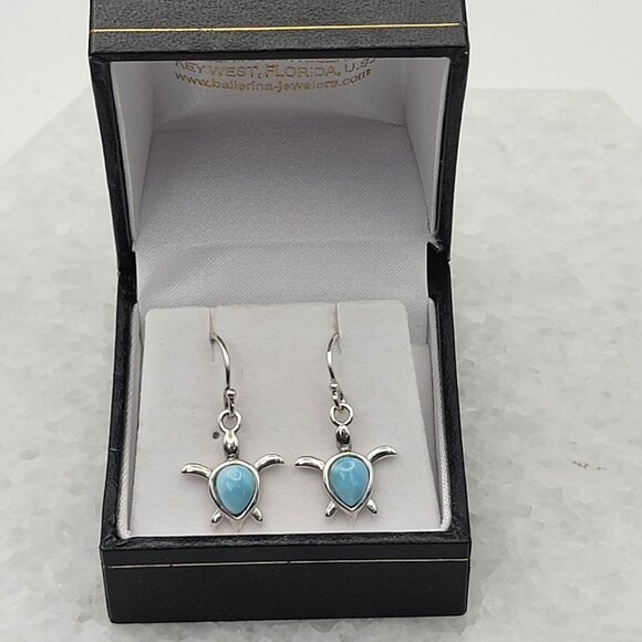 925 Sterling Silver Larimar Sea Turtle Earrings - Picture 2 of 4